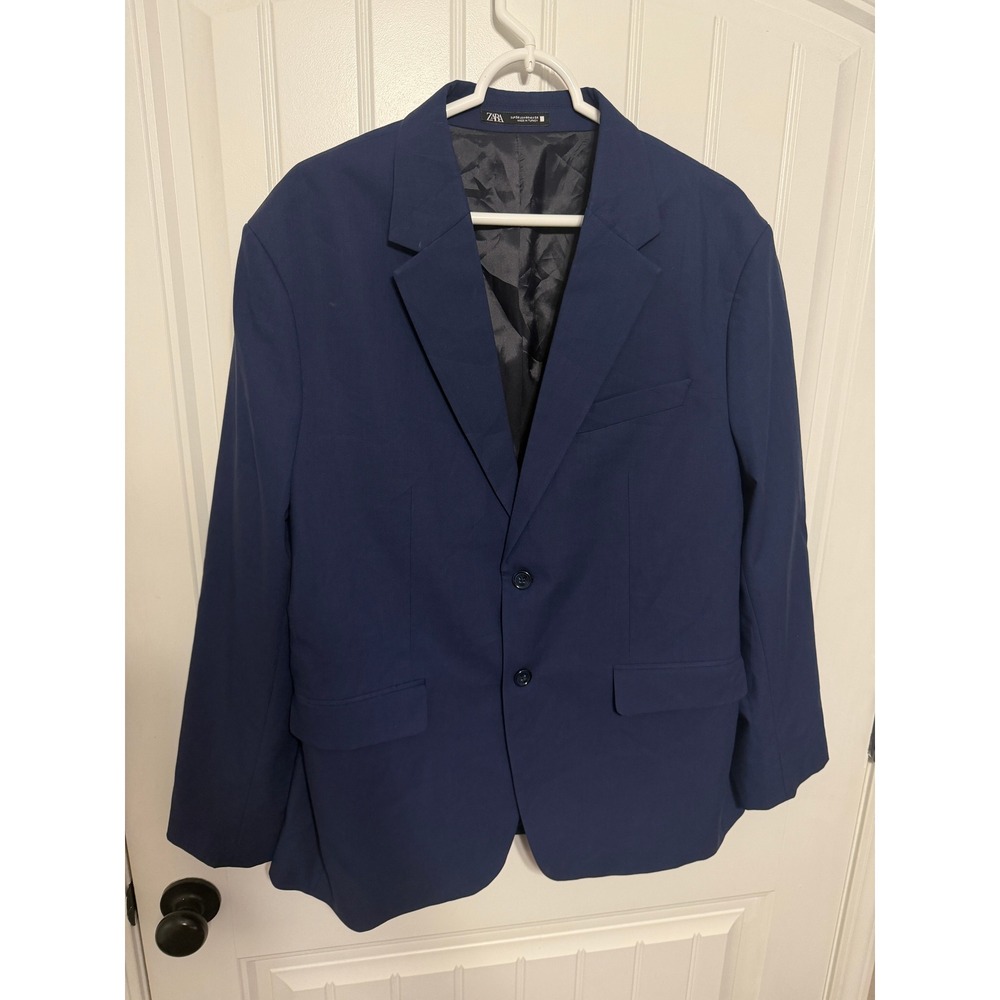 Zara Blazer Mens 44 Navy Blue Two-Button Wool Blend Professional Sport Coat EUC
